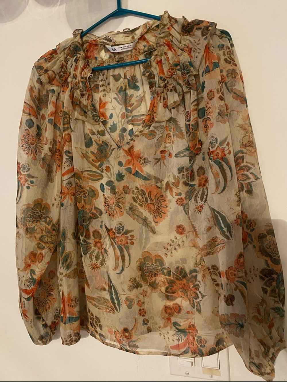 2 for $15 Floral Ruffle-Neck Blouse in Cream, Orange and Green